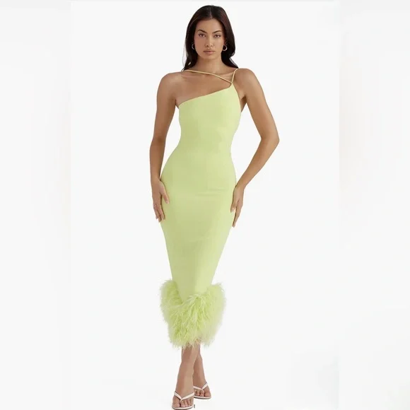 House of CB Alessia Asymmetric Feather Trim Midi Dress - Picture 5 of 5
